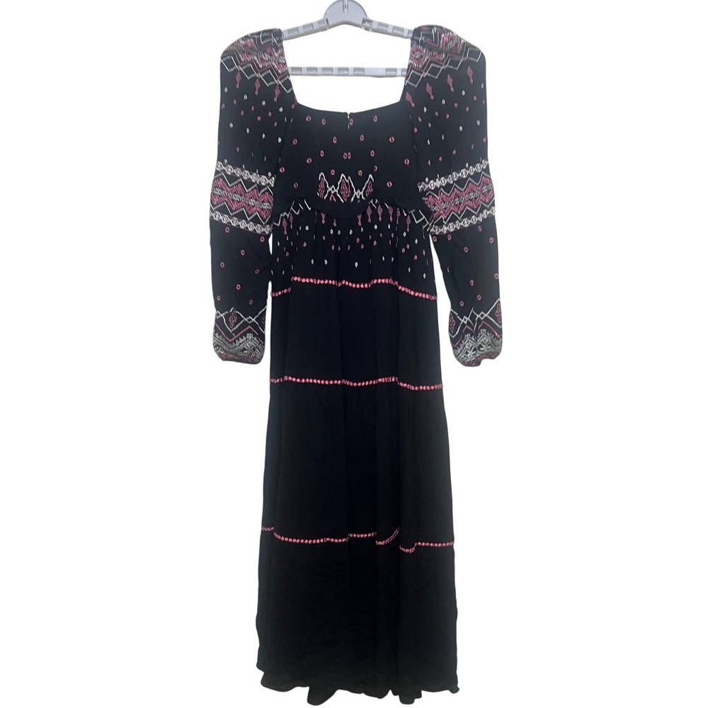 Hale Bob Maxi Dress Women M Black New Embroidered Boho Tiered Long Sleeve
